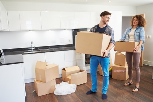 Moving boxes and home relocation scene in Merton